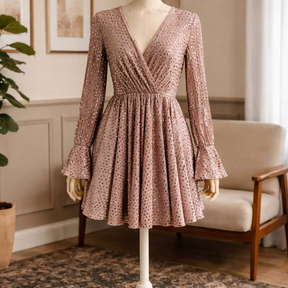 Blue B Collection Mauve Velvet Sequin Long Bell Sleeve V-Neck Fit and Mini Dress